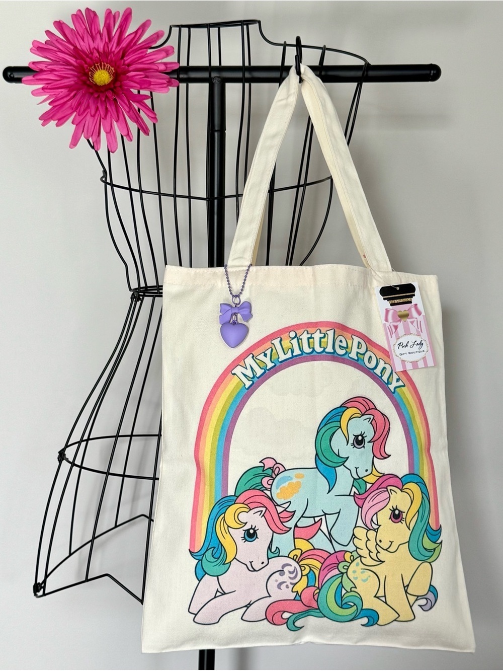 New My Little Pony Retro 80s Style Shopping Bag Purse Tote w/ Heart Charm - 16” - Picture 6 of 9